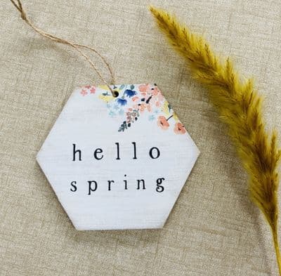 'Hello Spring' Wooden Hexagon Mini Plaque