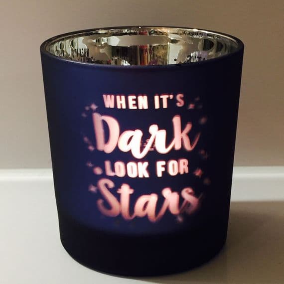 'When it's Dark Look for Stars' Blue Tea Light Holder
