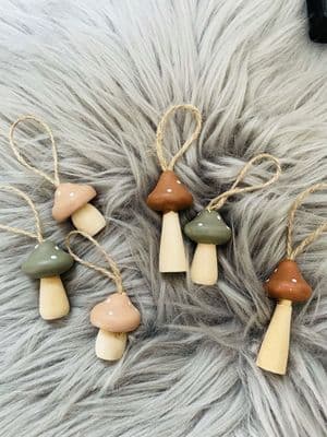 Autumnal Wooden Toadstool Hanging Decorations, Set of 6