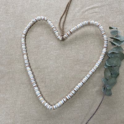 Beaded Natural/White Washed Heart Decoration, Large