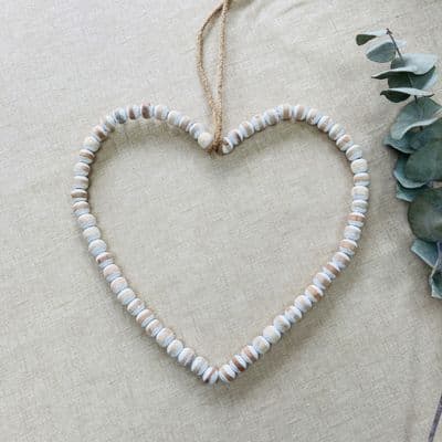 Beaded Natural/White Washed Heart Decoration, Medium