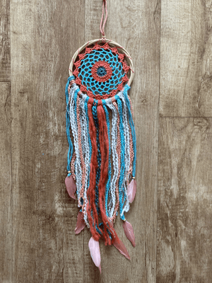 Small Boho Crochet Dream Catcher, White/Turquoise/Coral/Grey