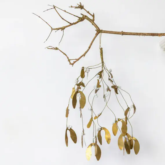Brass Mistletoe and White Berry Hanging Christmas Decoration