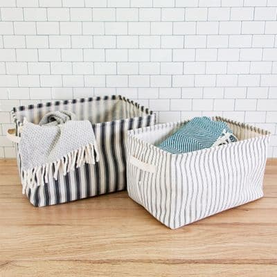 Canvas Grey Ticking Stripes,  Set of 2 Storage Baskets