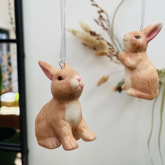 Ceramic Bunny Rabbits, Hanging Decorations. Set of 2