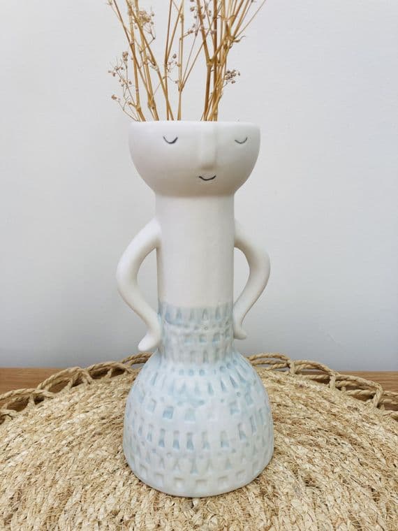 Ceramic Lady Face Vase, Pale Blue & White
