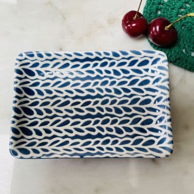 Ceramic Trinket Dish, Dark Blue Repeat Leaf  pattern by Gisela Graham