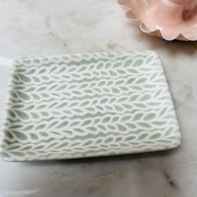 Ceramic Trinket Dish, Light Green Repeat Leaf  pattern by Gisela Graham