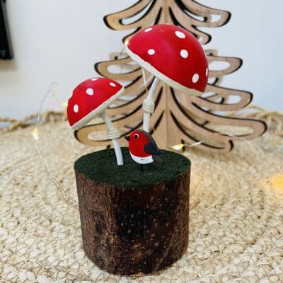 Christmas Robin and Toadstools on Log Decoration