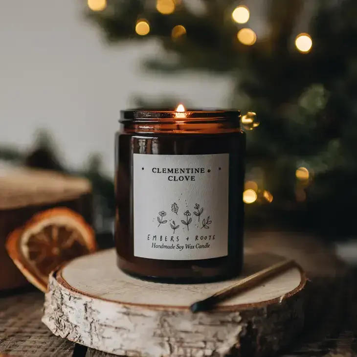 Clementine and Clove Festive Christmas Soy Candle in Amber Jar