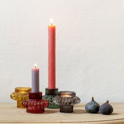 Coloured Glass Ribbed Duo Tea Light/Dinner Candle Holders - Various Colours