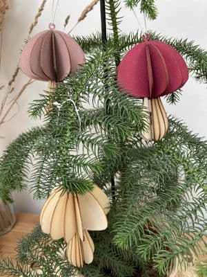 Contemporary Wooden Toadstool Hanging Decorations, Set of 3