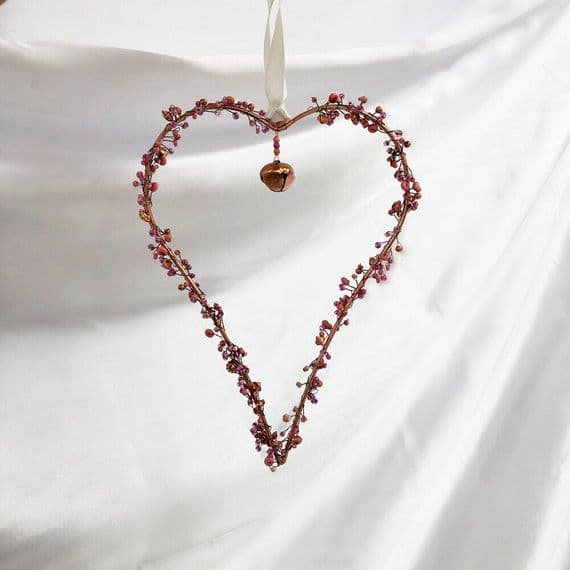 Copper and Pink Beaded Heart Decoration with Bell