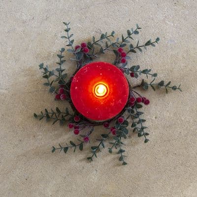 Faux Sparkly Red Berry Foliage Christmas Candle Ring