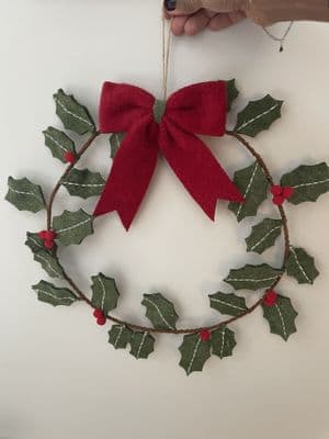 Felt Holly Wreath with Red Bow