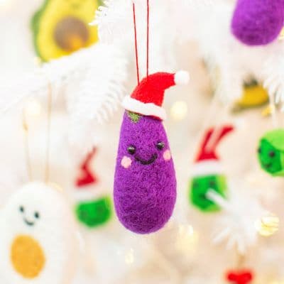 Festive Felt Aubergine with Santa Hat, Hanging Tree Decoration