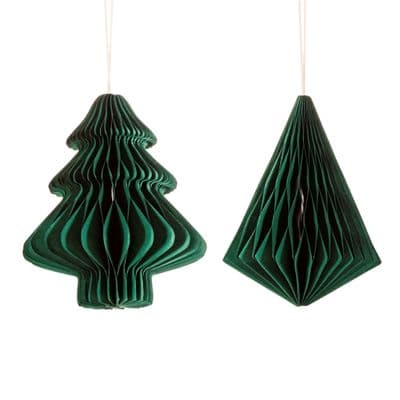 Forest Green Tree and Diamond,  Paper Honeycomb Hanging Decorations, Set of 2