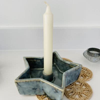 Glazed Grey/Blue Pottery Star Candle Holder, Large
