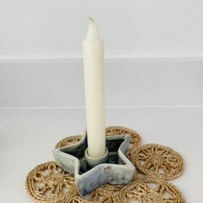 Glazed Grey/Blue Pottery Star Candle Holder,  Small