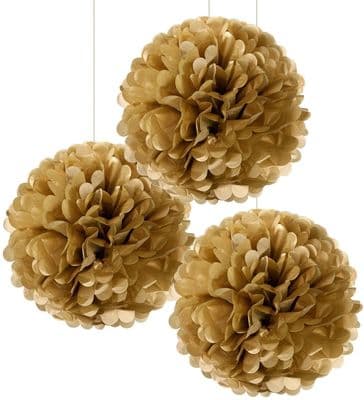 Gold Paper Pom Pom Decorations, Set of 3