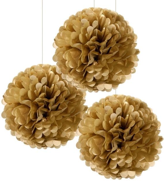 Gold Paper Pom Pom Decorations, Set of 3