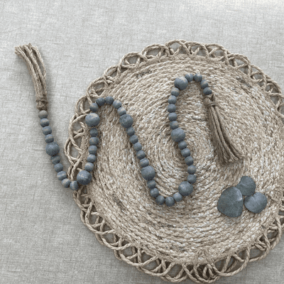 Grey Washed Wooden Beaded Hanging Tassel Decoration
