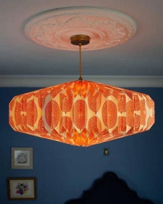 Hand Made Screen Printed Paper Ceiling Lampshade,  Saucer, ‘Orange Sun Mask'
