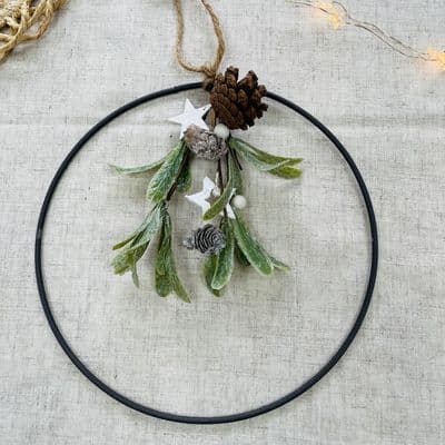 Metal Hoop Wreath with Frosted Mistletoe, Pine Cones and Glittery Stars