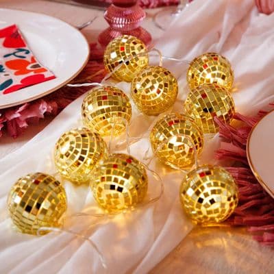 Mirrored Gold Disco Ball String Lights, Battery