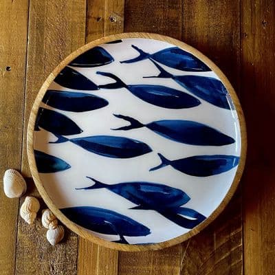 Ocean Fish, Enamelled Mango Wood Tray 30cm