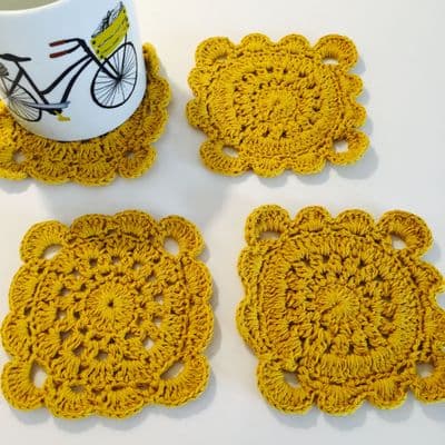 Ochre Yellow, Set of 4 Crochet Coasters