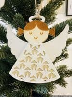 Pair of Wooden Patterned Fretwork Angel Hanging Decorations