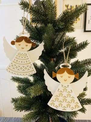 Pair of Wooden Patterned Fretwork Angel Hanging Decorations