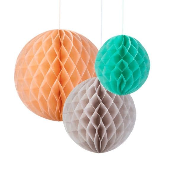 Pastel Honeycomb Paper Balls, peach, grey and mint green, Set of 3