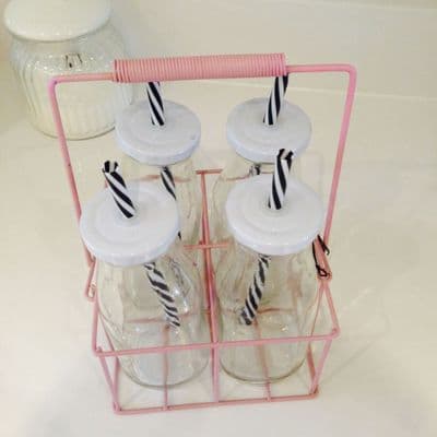 Pink Caddy with Glass Milk Bottles & Monochrome Straws