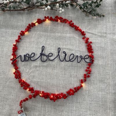 Pom Pom Light Hoop/Wreath , 'We Believe', Dark Grey/Red