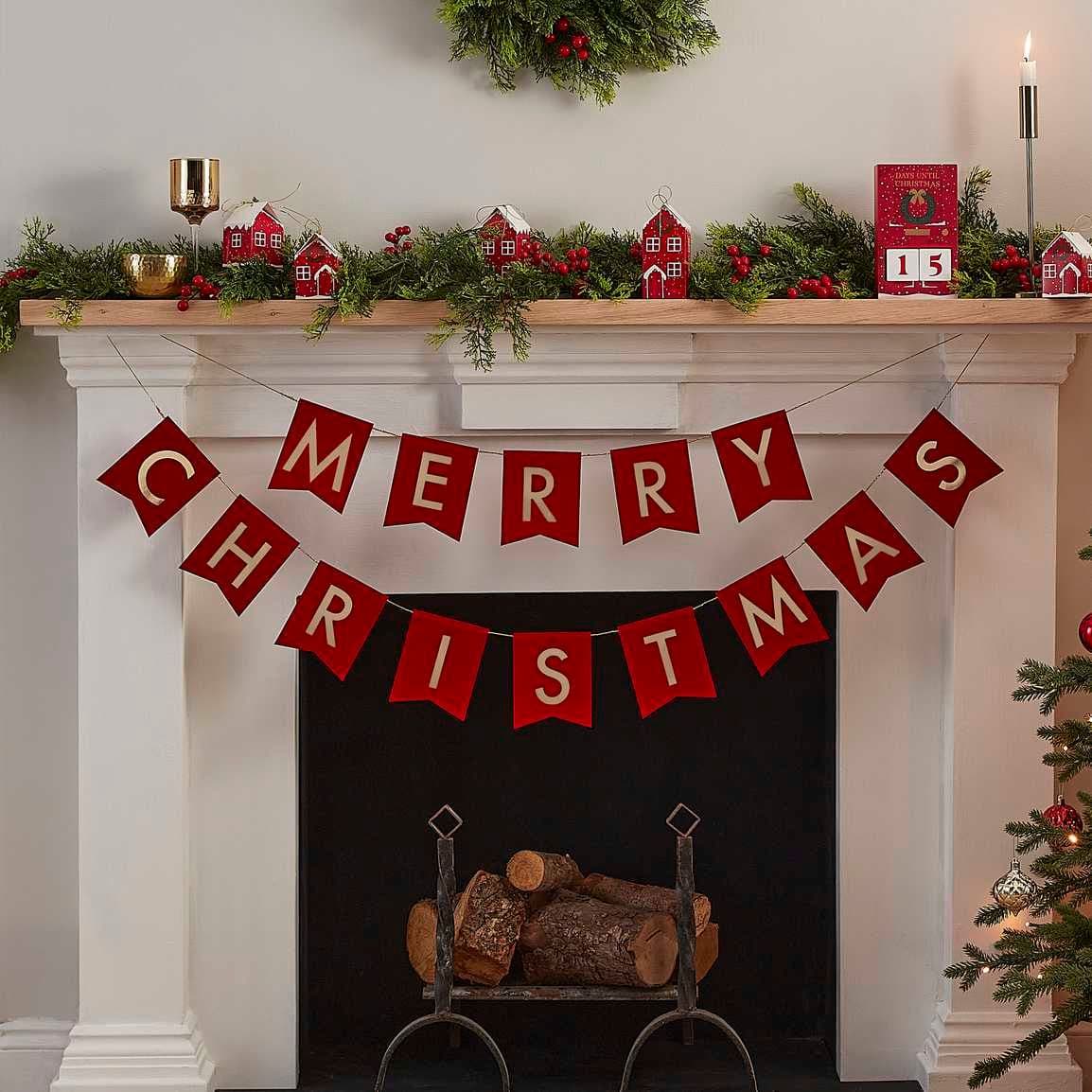 Red & Gold Christmas Banner - Holiday Party Decorations, Festive Wall Or Mantel Banner