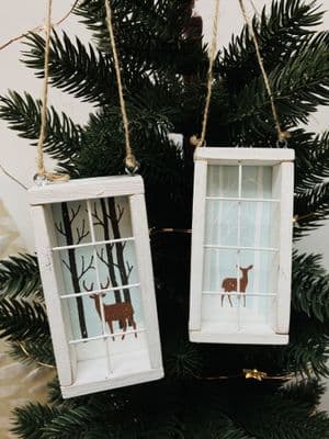 Rustic Snowy Scene, Deer in Window, Set of 2 Hanging Decorations
