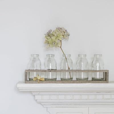 Rustic Wooden Tray with 5 Glass Bud Vases