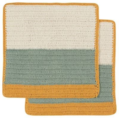 Set of 2, Crocheted Ochre Yellow/Blue Dishcloths