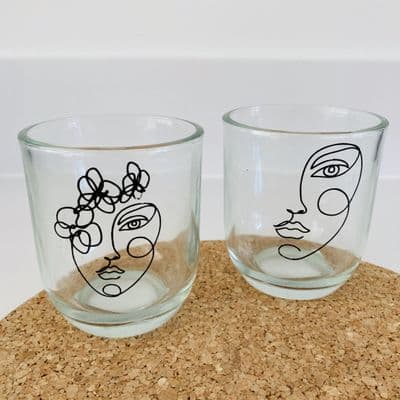 Set of 2 Face Design Glass Tea Light Candle by Gisela Graham