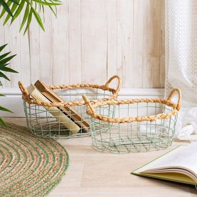 Set of 2, Green Wire Basket with Water Hyacinth Trim