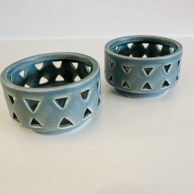Set of 2 Greyish Teal Cut Out Ceramic Tea Light Holders, Gisela Graham