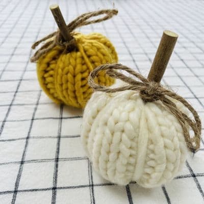Set of 2 Knitted Wool Pumpkins, Mustard and Cream