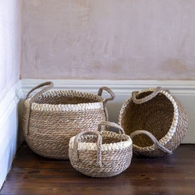 Set of 3  Baskets with Cream Braid Edging