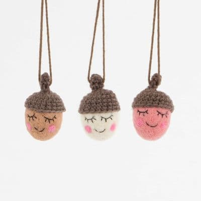 Set of 3 Felted Smiley Acorn, Hanging decorations