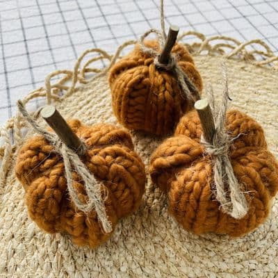 Set of 3 Knitted Wool Pumpkins, Burnt Orange