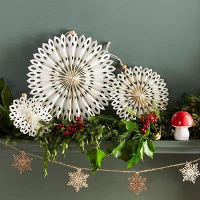Set of 3, Marble White Paper Snowflake Fan Decorations