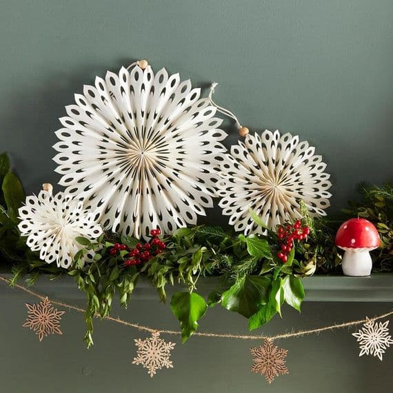 Set of 3, Marble White Paper Snowflake Fan Decorations