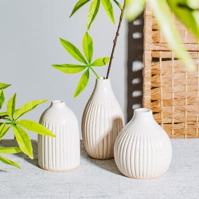 Set of 3  Natural Taupe Grooved, Bud Flower Vases